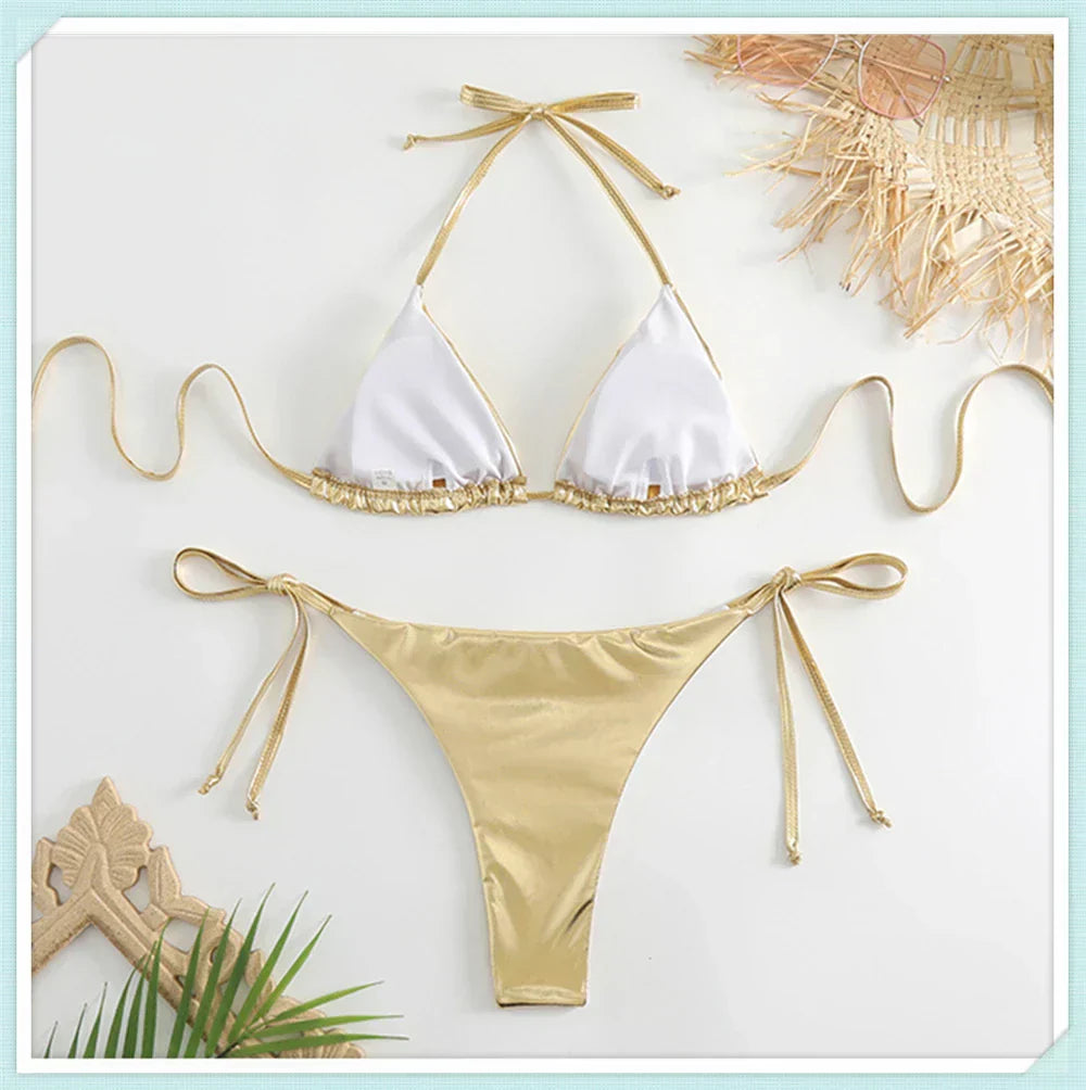 Metallic Triangle Lace Up Bikini Set